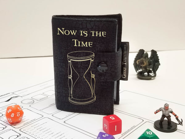 Small Black Crackle Spell Book with Black snap personalized with "Now is the Time" with Hourglass Graphic