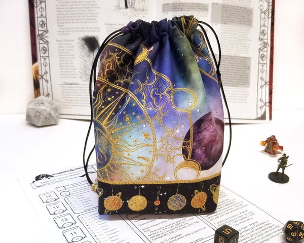 Large Dice Bag featuring a planetscape solar system print.  