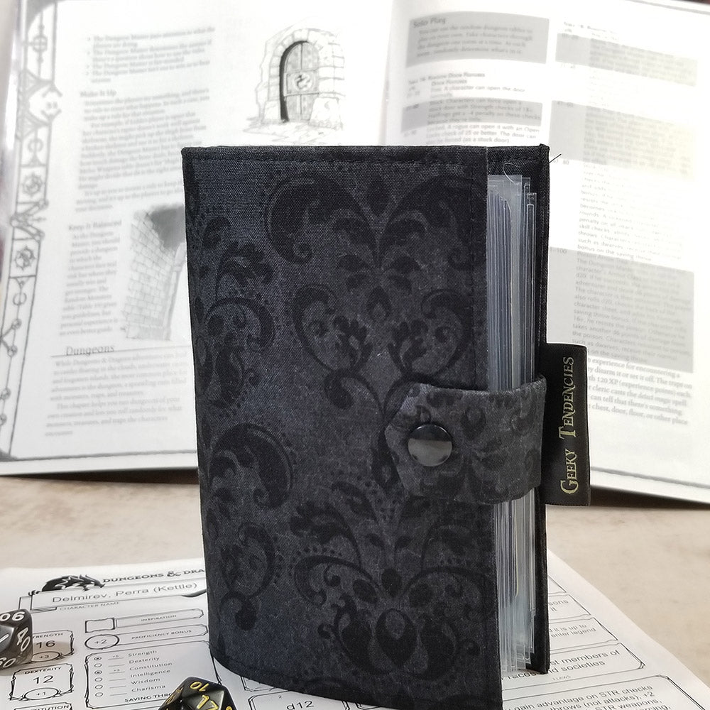 tarot-sized spellbook in black damask front view showing black snap closure